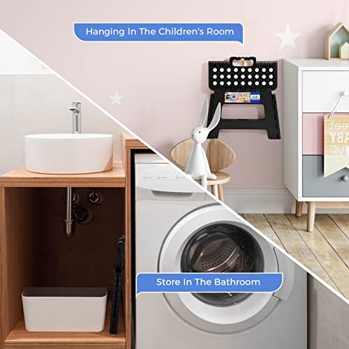 Acko 9" Folding Step Stool For Adults And Kids Non-Slip Foldable Step Stool With Handle Heavy Duty Plastic Collapsible Stool For Kitchen, Bathroom Hold Up To 300Lbs Black #TOP4