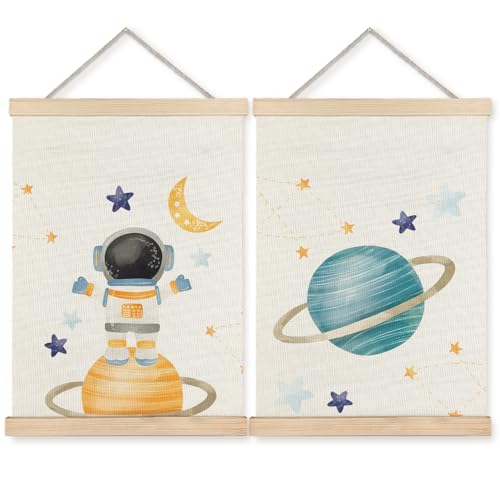 Image of BearCake Space Nursery Decor, Solar System Plants Spaceman Wall Art Poster Hanger Frame, Space Canvas Prints Framed Wall Decor for Classroom Toddler Boys Room Nursery Playroom, 12x16 Inch Set of 2