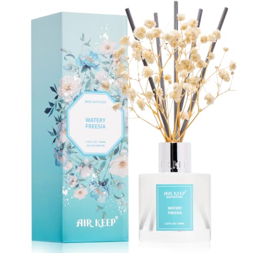 Image of Airkeep Reed Diffuser Set,3.38 fl oz (100 ml) - Watery Freesia Oil Diffusers with 8 Reed Sticks, Home Fragrance Reed Diffuser for Bathroom Shelf Decor