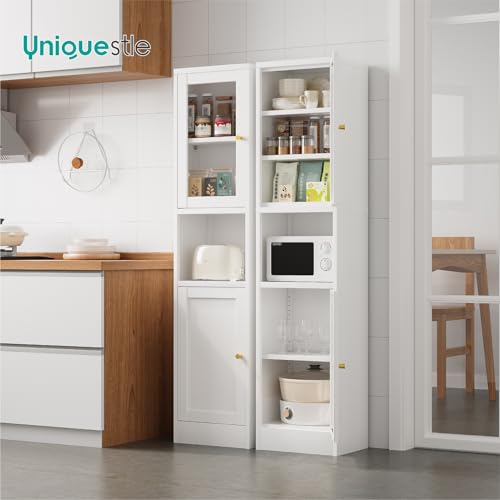 Image of 67 inch Tall Narrow Storage Cabinet with Glass Door and Open Shelf,Metal Pantry Cabinet with Adjustable Shelves,Shaker Style Slim Cabinet for Bathroom Kitchen Small Spaces, White, 1Pc