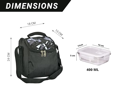 Image of Femora Borosilicate Glass Container Lunch Box with Bag for Office, School, Black, Rectangular, 400 ML (2 Container+ 1 Bag)