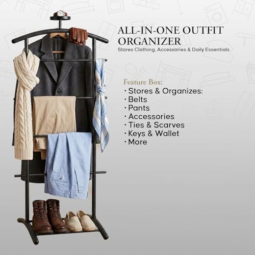 Image of Kings Brand Freestanding Metal Suit Valet Stand with Tie Bar, Black | Complete Clothing Organizer - Freestanding Valet Stand Organizes Jackets, Pants, Ties, Belts, And Accessories Neatly