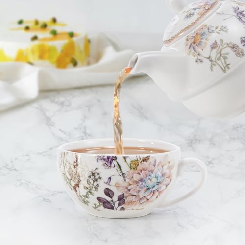 EHC Bell Flowers Design Porcelain Tea for One Tea-Pot with Handle, Microwave Safe, Oven Safe, Dishwasher Safe,Gift Boxed, Tea Pot 490/Cup 320ml - Image 3