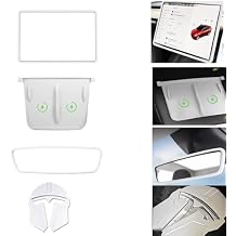 Rear View Mirror Protector Frame,Silicone Protector Frames of Screen,Center Console Wireless Charger Mat,Front Logo Emblem Sticker,4Pcs Accessories Compatible with Model 3 Model Y 2021-2023