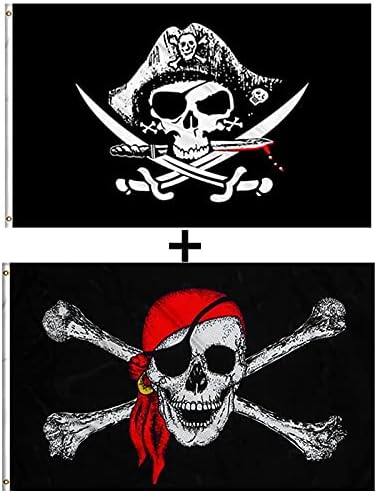 3x5 FT Pirate Flags Cross Knife Flag and Jolly Roger (Red Scarf) Flag 2 Pack