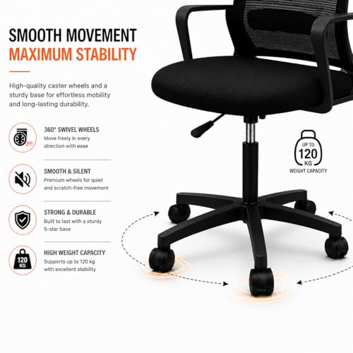 Image of Office Arm Chair with Frame, Mesh Back, Nylon Base, and Adjustable Handle, Cushion Fabric (Robo Chair-Black)