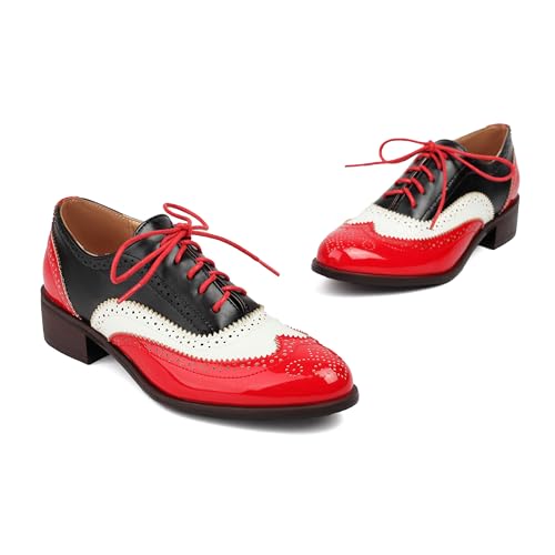 Blano Lofor Women's Wingtips Oxford Shoes Perforated Brogues Multicolor Patchwork Vintage Round Toe Lace-up Low Heels Wing Tip Saddle Oxfords for Women Girls Ladies Red White and Black US Size 10 by Blano Lofor - Used condition - Image 2