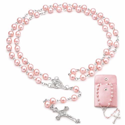 Chapelet Catholique Rose avec Croix et Pochette Cadeau Chapelet Perles Rose pour Prière Communion Baptême Mariage Cadeau Religieux Élégant Bijou Spirituel avec Étui