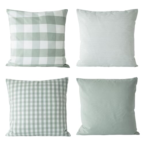 HOPLEE Farmhouse Sage Green Fall Pillow Covers 24x24 Cushion Cover with Buffalo Plaid, Solid Sage Green, Striped and Gingham Plaid Design 24x24 inch,4 Pack