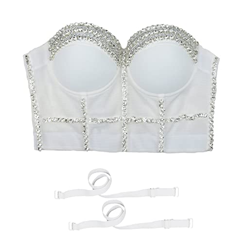 Ellacci Women's Diamond Chain Mesh Bustier Crop Top Push Up Corset Top Bralet White X-Small #TOP3