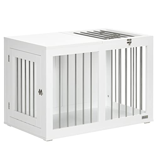 PawHut Gabbia per Cani con 2 Porte Bloccabili, Casetta per Cani Taglia Media da Interno, Acciaio e MDF, 80x50x56.5 cm, Bianco