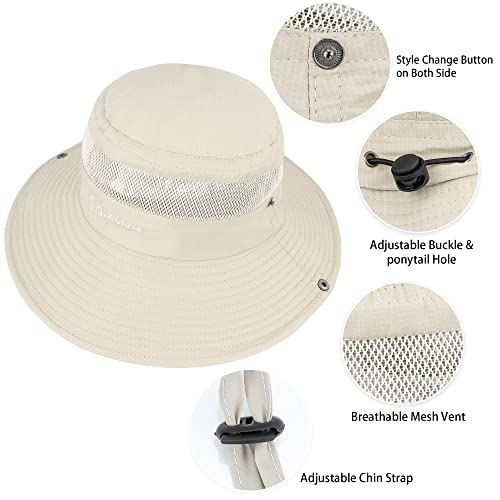 Women Breathable Sun Hat Beach Bucket Hat Uv Protection Fishing Cap Quick-Dry Mesh Boonie Hat With Drawstring M/L (58Cm Adjustable For Medium/Large, Pearled Ivory) #TOP2