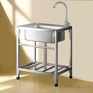 Outdoor Spüle Freistehender Edelstahl Spülbecken mit Wasserhahn Gebrauchswaschbecken Nutzbar als Pflanztisch und zur Reinigung von Gartenwerkzeug(58x43x75cm)
