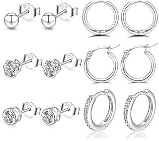 S925 Sterling Silver Stud Earrings, Silver Hoops Earrings for Women with Silver Stud Earrings Set 4/6/8 Pairs Small Cartilage Huggie Earring Star Moon Ball Heart CZ Studs
