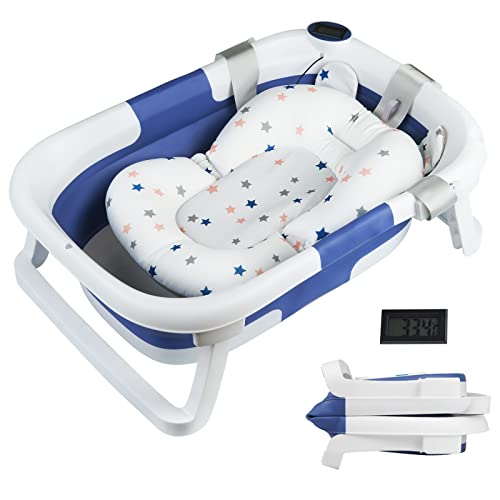 Sinbide - Baignoire Pliable Pour Bébé - Avec Bouchon de Vidange & Affichage de la Température & Coussin de Siège - Ultra Compact -pieds Antidérapants (Bleu) Cover