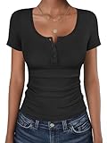 ANRABESS Womens Short Sleeve Henley Shirts Ribbed Slim Fitted Tee Summer Work Tops 2026 Button Blouse Spring Vacation Clothes Black Large