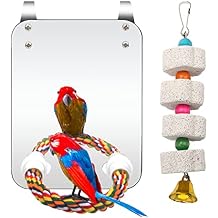 Catcan Bird Cage Mirror, Bird Mirror with Perch Rope for Cage Cockatiels Cotton Rope Standing Bar Parrot Mirror with Parrot Molar Toy Pendant