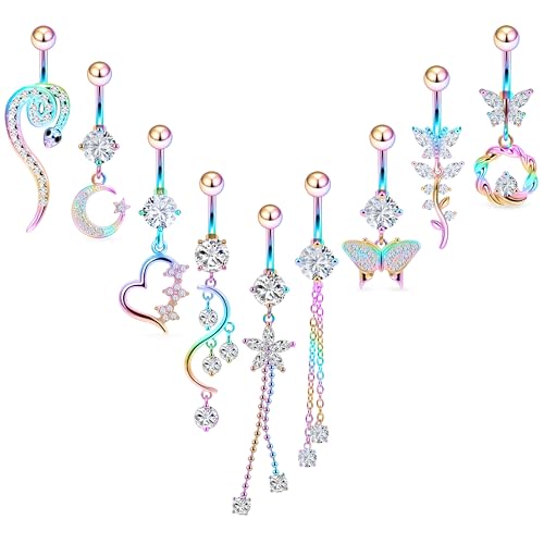 Vsnnsns 14G Dangle Belly Button Ring Piercing Jewelry 316L Stainless Surgical Steel Snake Heart Butterfly Flower Diamond CZ Navel Rings Dangling Belly Button Ring Piercing Jewelry for Women 14 Gauge