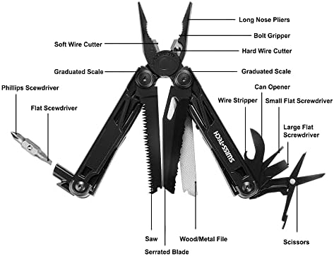 Swiss+Tech Multifunctional Pliers 16-in-1, Foldable Multi-Tool Multifunctional Pliers with Scissors, Saw, Bottle Opener, Screwdriver for Camping, Outdoor, Repairing, with Carry Bag