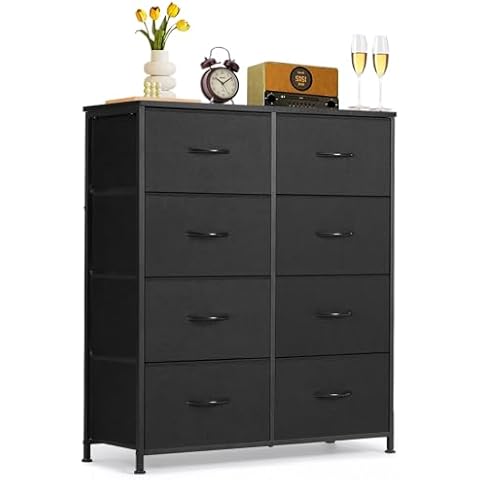 8-Drawer Dresser for Bedroom, Anti-Tip Tall Storage Organizer Chest of Drawers with Wooden Top and Metal Frame Fabric Bins for Closet, Living Room, Hallway, Entryway, Black Cover