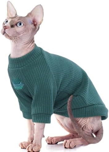 ROZKITCH Sphynx Cat Clothes, Breathable Hairless Cat Shirt with Sleeves, Turtleneck Kitten Pullover Pajamas Outfit for Cornish Rex, Devon Rex, Peterbald, Puppy Small Dogs All Seasons Green S