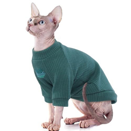 ROZKITCH Sphynx Cat Clothes, Breathable Hairless Cat Shirt with Sleeves, Turtleneck Kitten Pullover Pajamas Outfit for Cornish Rex, Devon Rex, Peterbald, Puppy Small Dogs All Seasons Green L