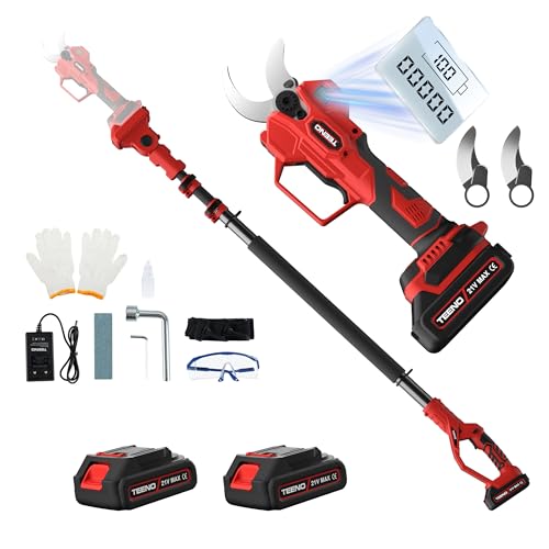 TEENO 2-en-1 Sécateur électrique avec perche télescopique, 40MM Secateur electrique sans fil 4000mAh avec Écran, 2 Batteries de 2.0Ah, our le jardinage,...