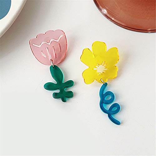Damleng Fashion Unique Acrylic Asymmetric Transparent Rose Flower Stud Earrings Lily Floral Dangle Drop Earrings For Women Girls Statement Jewelry Gifts (Yellow Pink) #TOP7