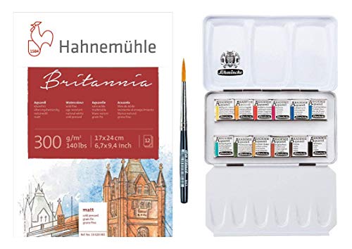 Schmincke Akademie Metal Buzón Acuarelas, 12 x 1/2 naepfchen + 1 Davinci Pincel Viajes + Bloque Hahnemuhle Britannia 300gsm - 17 x 24cm de Grano Fino