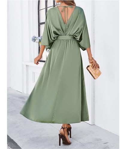 Image of SEMATOMALA Women's Satin Batwing Sleeve Cocktail Evening A Line Long Dress V Neck Ruched Loose Maxi Dress