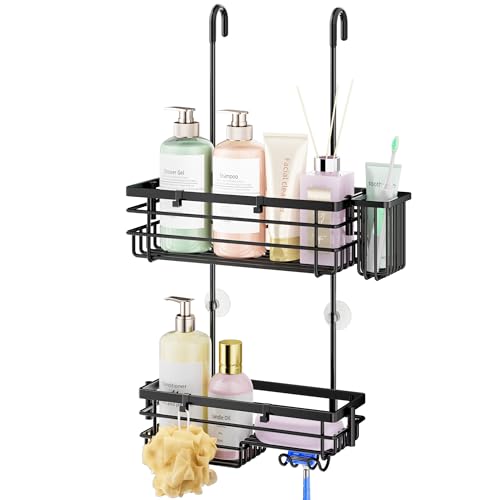 HapiRm Hanging Shower Caddy Organizer - No Drilling Shower Shelves with Hooks and Toothbrush Holder, Rustproof 304 Stainless Steel Bathroom Organizer - Black