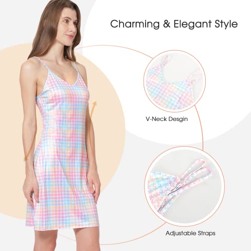 Mancyfit Nightgowns For Women V Neck Sleepwear Adjustable Strap Sleeveless Nightdress Chemise Colorful Plaid Print X-Large #TOP2