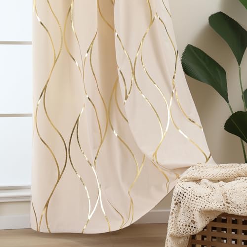 L.Z.E Cream Gold Blackout Curtains for Bedroom, Heavy Duty Velvet Curtains 90 Inches Long 2 Panels Set, 75% Room Darkening Curtains for Living Room, Extra Thick Drapes with Gold Pattern Grommet Top - Image 3