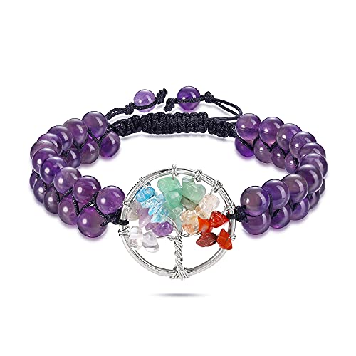 PESOENTH Chakra Bracelets for Women Men Natural Amethyst Puple Healing Crystals Stones Bracelet Tree of Life Bracelet Yoga Meditation Relax Anxiety Bracelets Jewelry