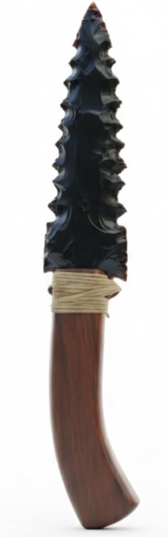 Handmade 10" Black Obsidian Arrowhead Knife – Authentic Hand-Knapped Stone Blade with Natural Wood Handle – Unique Primitive Collectible & Spiritual Decor for History & Crystal Enthusiasts