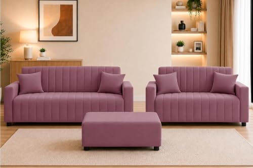 Image of Rosebell 3+2 Velet Fabric Sofa Set with Ottoman | 5-Seater Sofa | Living Room Furniture, Apartment & Office |Rose Pink-Color