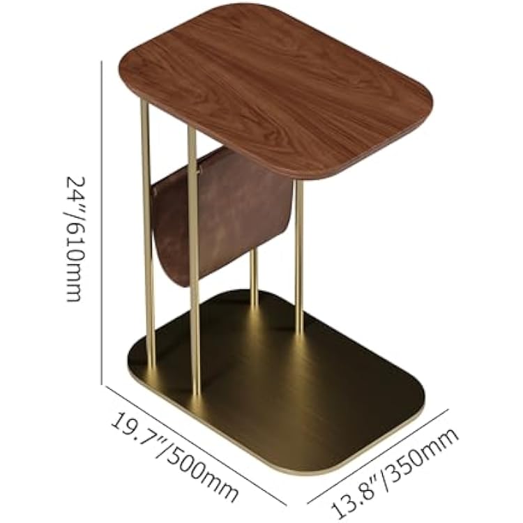 homary C-Shaped Side Table, 360 Rotating End Table with Storage, Walnut & Gold Sofa Table with Magazine Rack, Space-Saving Table for Living Room & Bedroom (Walnut)