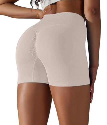 YOAKUKA Women Workout Shorts V Cross High Waist Yoga Shorts Sport Seamless Athletic Booty Scrunch Gym Shorts Beige — view 3