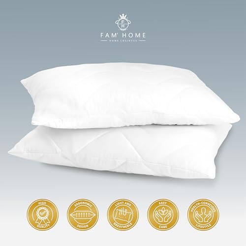 FAM' Home luxuriöses Kissen 50x60 2er Set – Kopfpolster Volumenfüllung (600 g) - ergonomische weiße Schlafkissen - Leichte Pflege – Allergiker Kopfkissen 50x60 Waschbar bis 95 °C - Atmungsaktiv