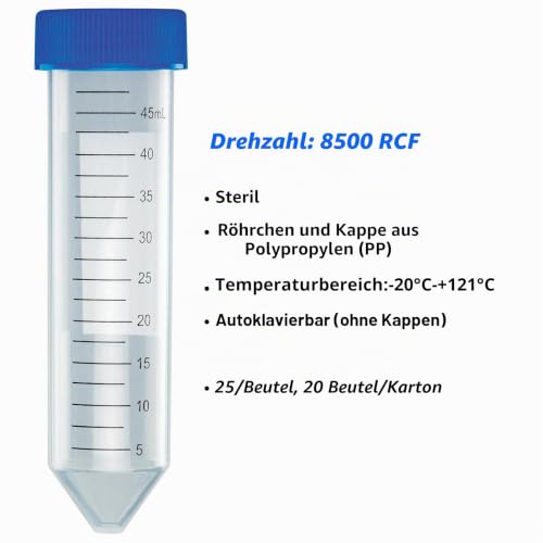 Globe Scientific 50mL Centrifuge Tube with Attached Blue Flat Top Screw Cap, 6288, Polypropylene, Sterile, Printed Graduation, 25/Bag, 500/CS
