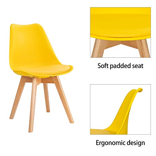 Furniwell Dining Chairs Mid Century Modern DSW Chair Upholstered Side Kitchen Chairs with Wood Leg and Soft Padded Cushion Shell Tulip Chairs For Kitchen, Dining, Bedroom, Living Room Set of 4(Yellow)
