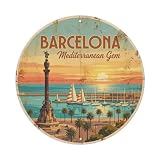 Cartel de metal con diseño retro de Barcelona con gema mediterránea frente al mar, para viajes, puesta de sol, decoración de pared para cafetería, cueva de hombre, club, bar, oficina, hogar, jardín