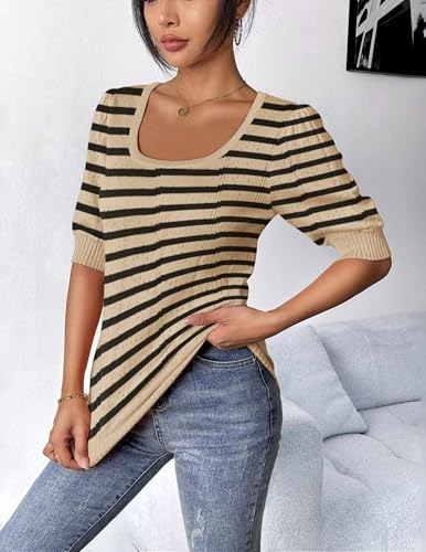 Image of HOTOUCH Sweater for Women 2026 Fall Trendy Puff Tops Casual Eyelet Knit Square Neck Tunic Shirt Blouses Beige Black Stripe XXL