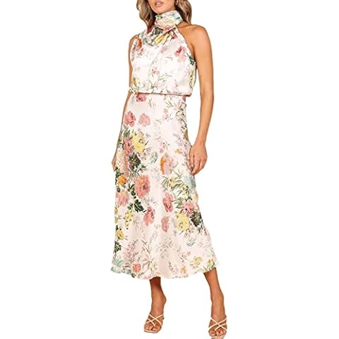 KMOLY Women's Summer Long Formal Satin Dress Sleeveless Mock Neck Elastic Waist Cocktail Party Maxi Dresses (US, Alpha, Large, Regular, Regular, White) Cover