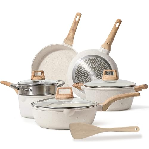 Ailgely Juego de Ollas y Sartenes Apilables de Aluminio con Tapas Vidrio a Prueba Explosiones, Juegos Utensilios Cocina Inducción 7 Piezas para Cocinar para Toda la Familia
