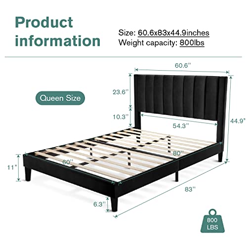 Imusee Queen Size Velvet Upholstered Tufted Platform Bed Frame With Headboard, Strong Wooden Slats, Box Spring Optional, Mattress Foundation, Easy Assembly, Black #TOP6
