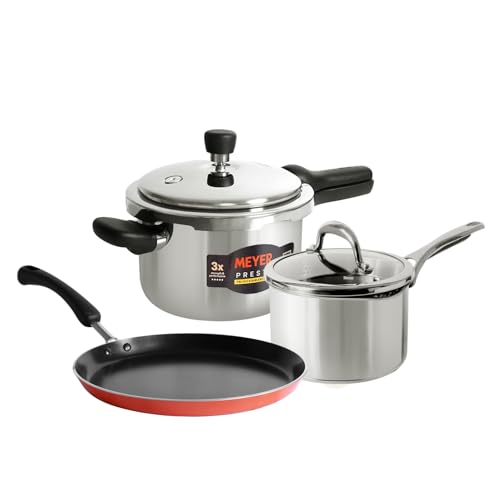 Image of Meyer Tri‑Ply Stainless‑Steel Cookware Bundle - 3 L Presta Pressure Cooker + 18 cm Select Straining Saucepan + 24 cm Flat Tawa (Orange), Induction‑Friendly Kitchen Set