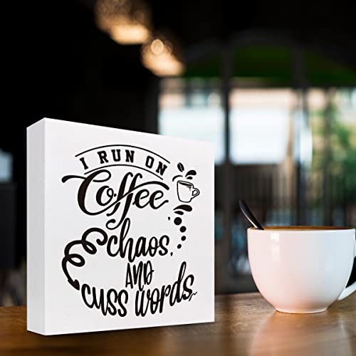 I Run On Coffee Chaoswood Box Sign Desk Decor,Funny Coffee Wood Block Plaque Box Sign Desk Decorations For Home Kitchen Office Cafe Coffee Bar Man Cave Desk Shelf Table Decor #TOP2