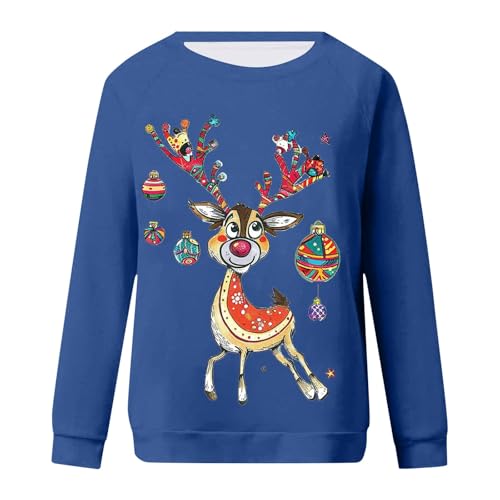 Sweatshirt Femme Pull Imprimé de Noël Col Rond Ample Bleu XXL