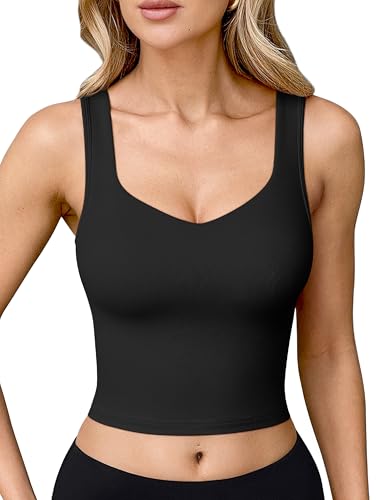 OQQ Womens' Sports Bra Padded with Medium Support Tank Tops Tee Shirts Black